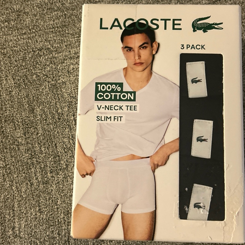 Lacoste 100% Cotton V-Neck Tee Slim Fit- 3 Pack Black- Undershirt- New In Box- M